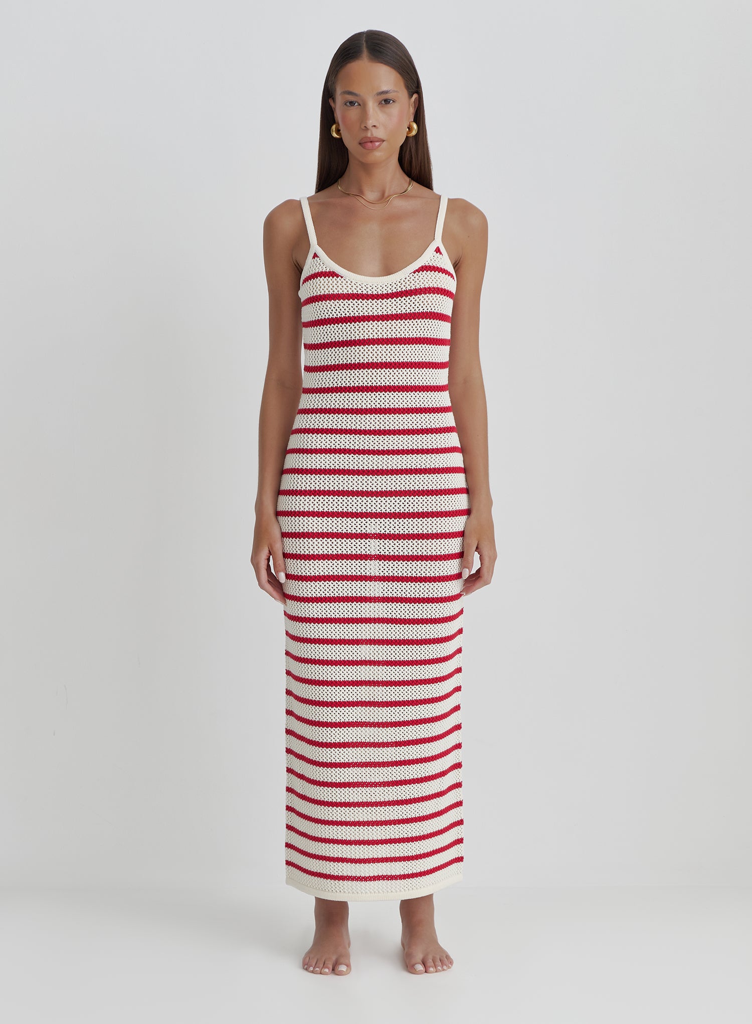 Red And White Stripe Knitted Maxi Dress